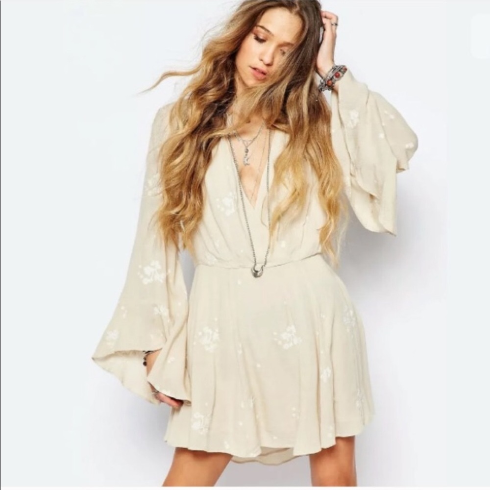 Free People Embroidered Bell Sleeve Mini Dress